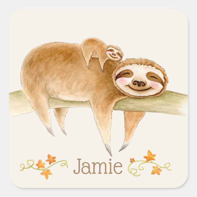 Whimsy sloth watercolor custom name square sticker (Front)