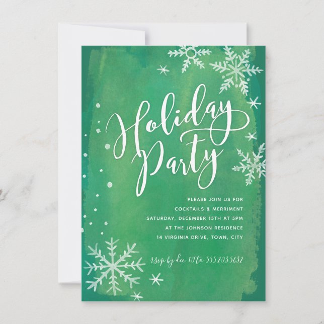 Whimsy Snowflakes | Green Holiday Party Invitation (Front)