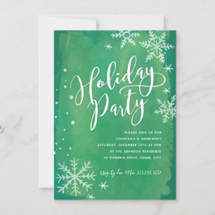 Whimsy Snowflakes Green Holiday Party Invitation