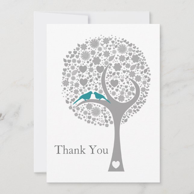 whimsy tree blue lovebirds mod wedding Thank You (Front)