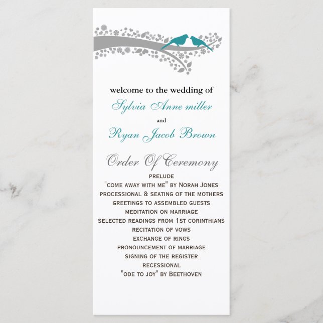 whimsy tree blue lovebirds Wedding program Programme (Front)