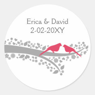 whimsy tree pink lovebirds wedding favour stickers
