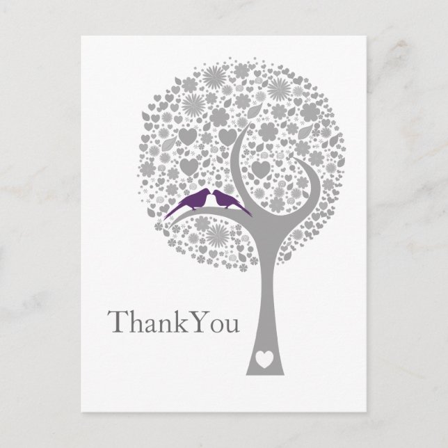 whimsy tree purple lovebirds mod wedding Thank You Postcard (Front)