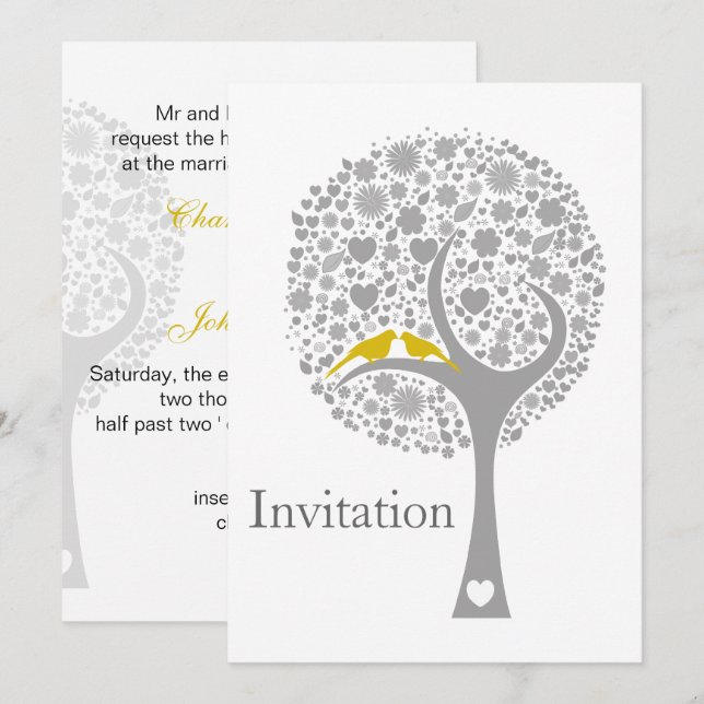 whimsy tree yellow lovebirds mod wedding invites (Front/Back)