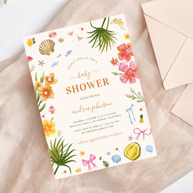 Whimsy Tropical Shell Coquette Bow Baby Shower Invitation (Creator Uploaded)