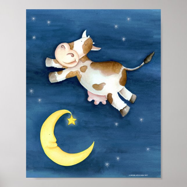 Whimsy watercolor art cow jumping over the moon poster (Front)