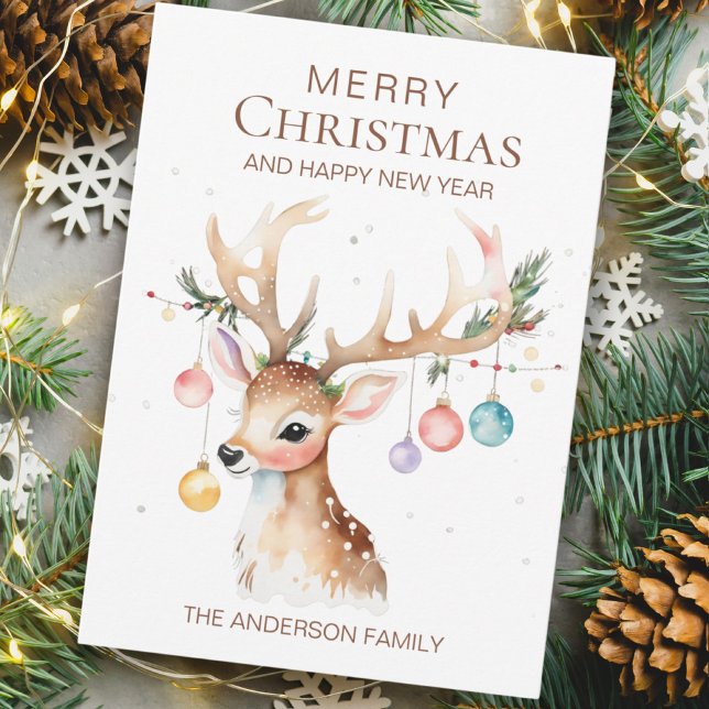 Whimsy Watercolor Christmas Ornament Reindeer Flat Holiday Card (Creator Uploaded)