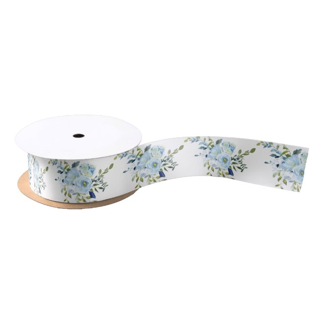 Whimsy White Blue Watercolor Floral Pattern Satin Ribbon (Spool)