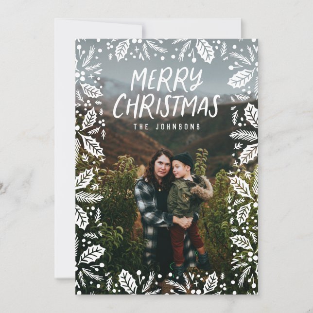 Whimsy White Holly Border Photo Christmas Holiday Card (Front)