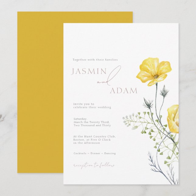 Whimsy Wildflowers Mustard Yellow Monogram Wedding Invitation (Front/Back)