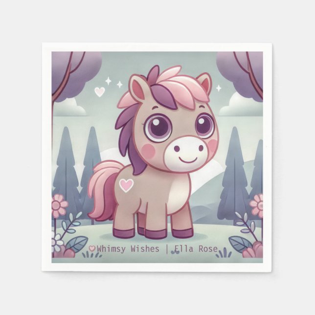 Whimsy Wishes Pink Pony Personalise Party Napkin (Front)