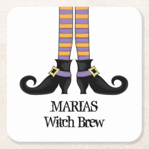 Whimsy Witch Shoes with Purple & Orange Stripe Square Paper Coaster