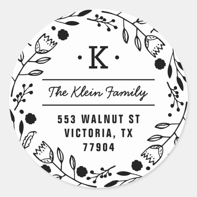 Whimsy Wreath Monogram Address Sticker (Front)