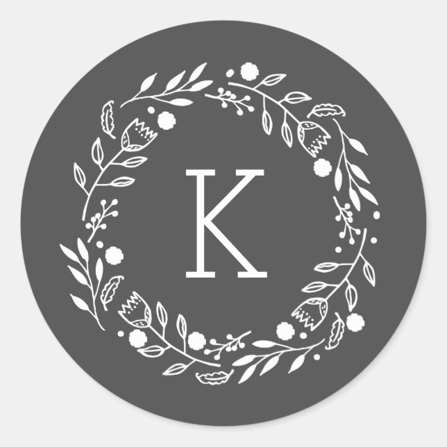 Whimsy Wreath Monogram Round Sticker (Front)