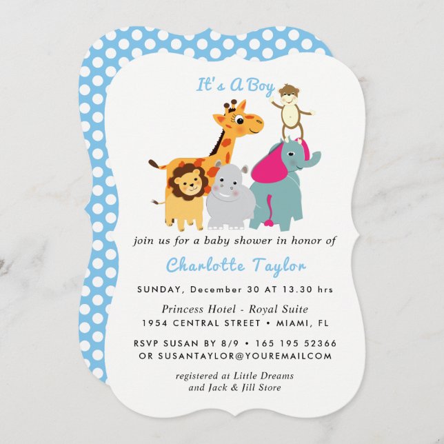 Whimsy Zoo Animals Cute Boys Baby Shower Invite (Front/Back)