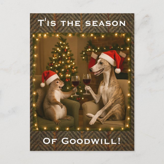 Whippet and Squirrel Christmas greetings postcard (Front)