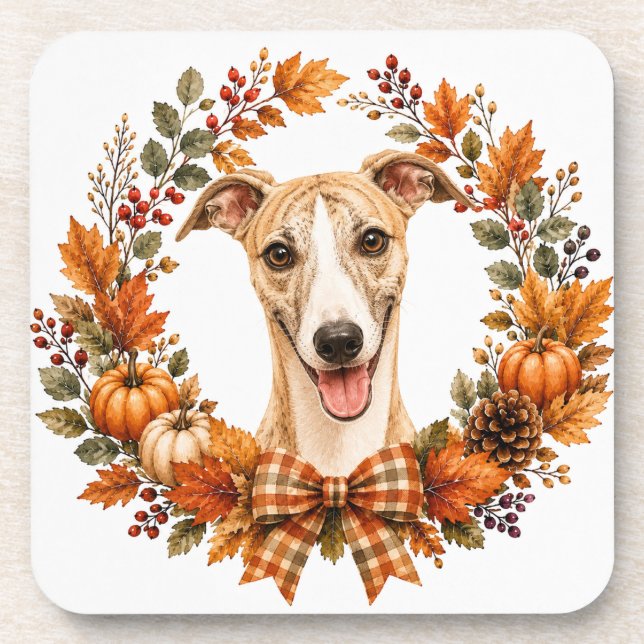 Whippet Autumn Wreath Coaster (Front)