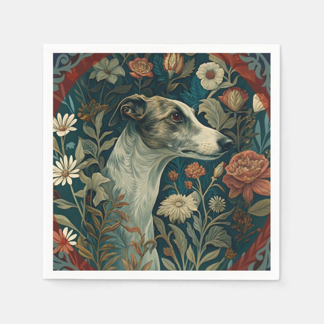 Whippet Brindle and White William Morris Style Napkin (Front)