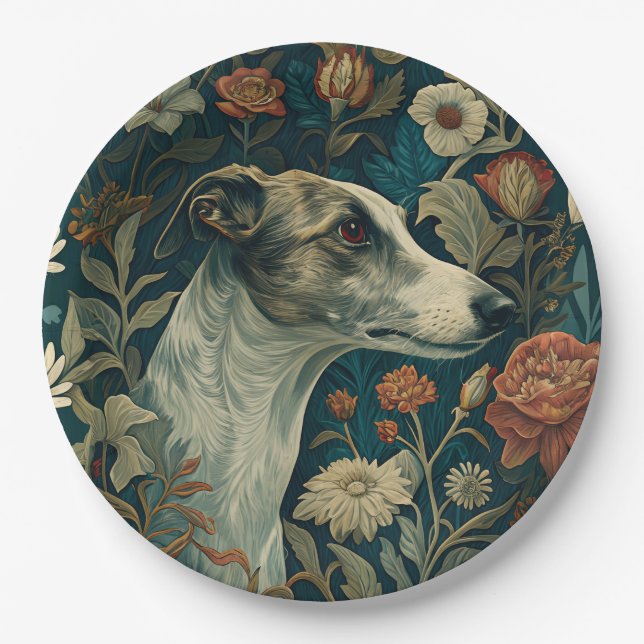 Whippet Brindle and White William Morris Style Paper Plate (Front)