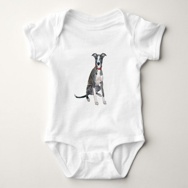 Whippet (brindle/white) baby bodysuit (Front)