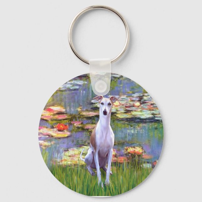 Whippet (brown-white) - Lilies 2 Key Ring (Front)