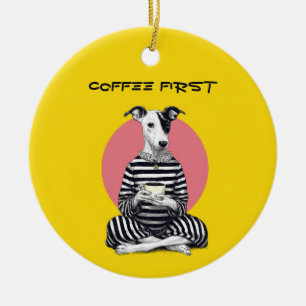 Whippet Coffee Time – Quirky Vintage Dog  Ceramic Tree Decoration