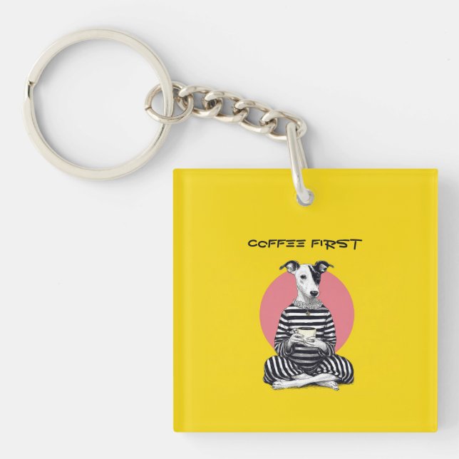 Whippet Coffee Time – Quirky Vintage Dog  Key Ring (Front)