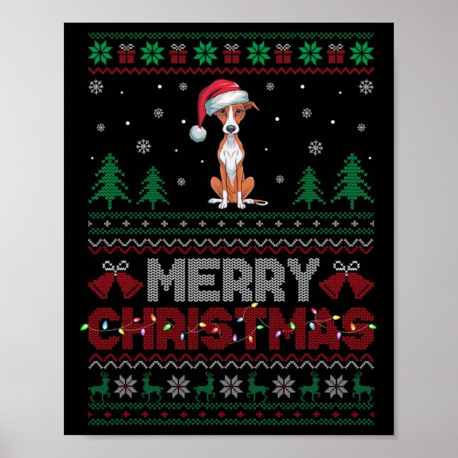 Whippet Dog Lovers Santa Hat Christmas Tree Lights Poster (Front)