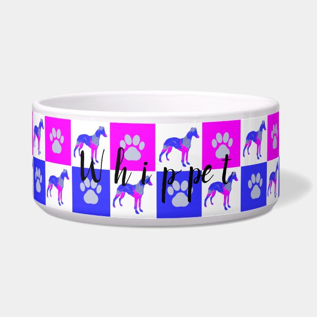 Whippet Dog & Paw Hot Pink and Blue Dog Bowl (Front)