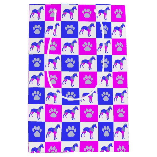 Whippet Dog & Paw Hot Pink & Blue Medium Gift Bag (Front)