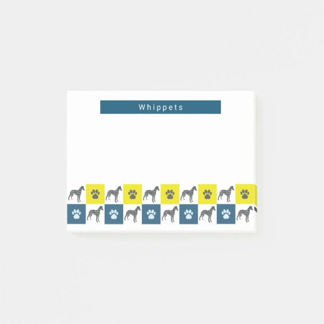 Whippet Dog & Paw Yellow & Blue Grid Silhouette Post-it Notes (Front)
