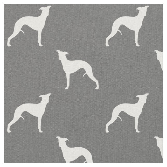 Whippet Dog Silhouettes Pattern Grey and White Fabric (Close Up)