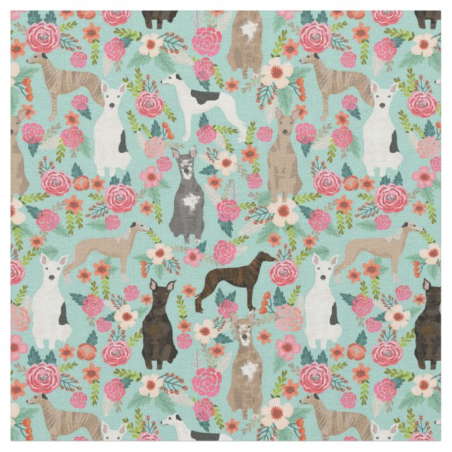 whippet dog vintage florals mint fabric (Close Up)