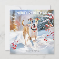 Whippet Dog Walking In Snow Winter Merry Christmas