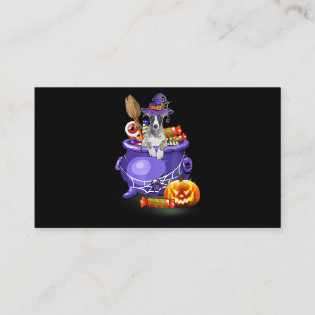 Whippet Dog With Witch Hat Candy Pumpkin Halloween Business Card (Front)