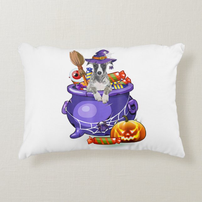 Whippet Dog with witch hat Candy Pumpkin Halloween Decorative Cushion (Front)