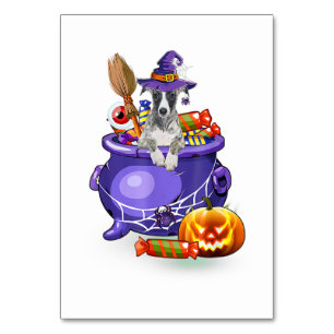 Whippet Dog with witch hat Candy Pumpkin Halloween Table Number