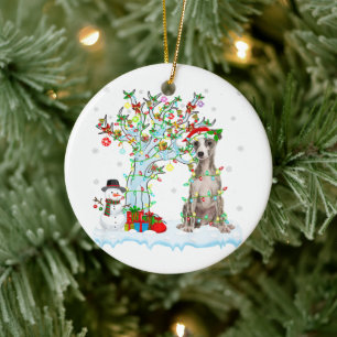 Whippet Dog Xmas Tree Lighting   Santa Hat Gift Ceramic Tree Decoration
