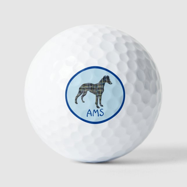 Whippet Grey Dog Silhouette Monogram Grid Blue Golf Balls (Front)
