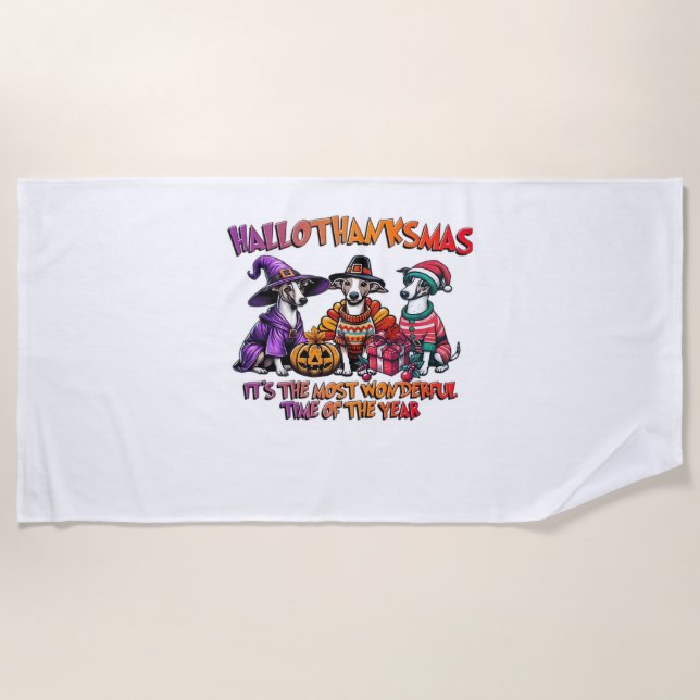 Whippet Halloween Thanksgiving Christmas Oversized Beach Towel (Front)