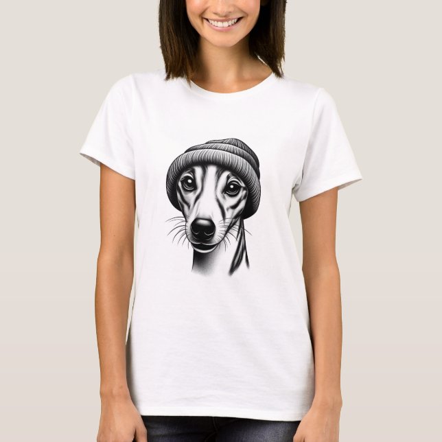Whippet in a Beanie T-Shirt (Front)