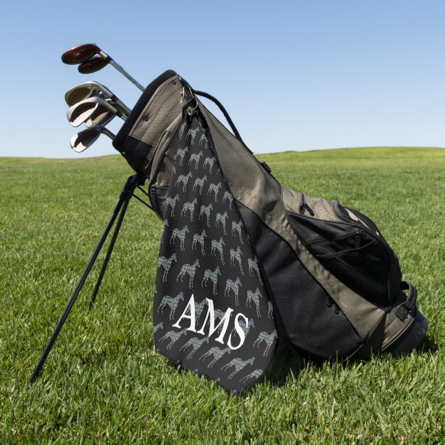 Whippet Italian Grey Dog Silhouette Y&B Grid Black Golf Towel (Green)