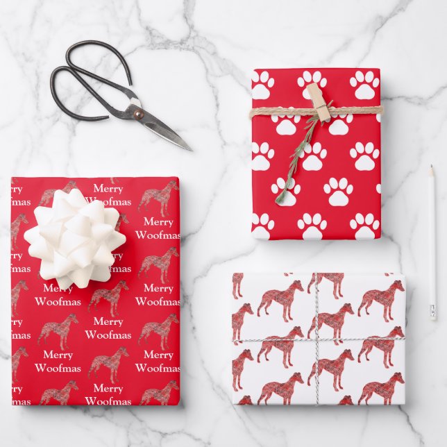 Whippet Italian Grey Silhouette Red Merry Woofmas Wrapping Paper Sheet (Front)