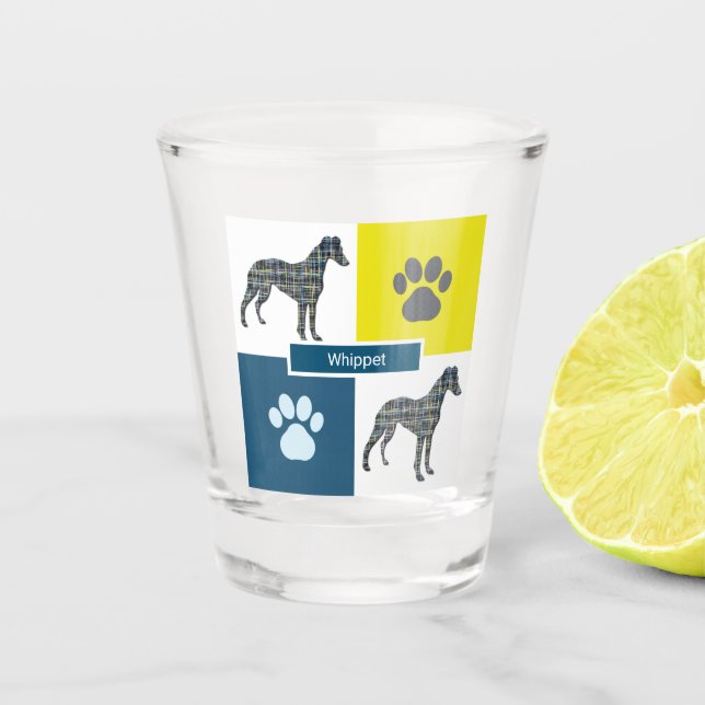 Whippet Italian Greyhound Silhouette Dog & Paw Y&B Shot Glass (Front)