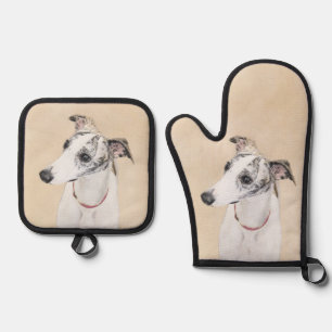 Whippet Painting Brindle White Original Dog Art Oven Mitt & Pot Holder Set