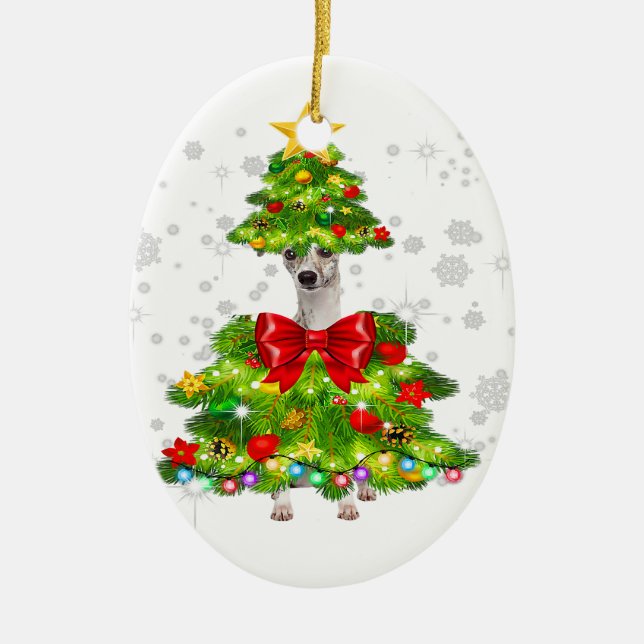 Whippet Santa Christmas Tree Lights | Xmas Dogmas Ceramic Tree Decoration (Front)