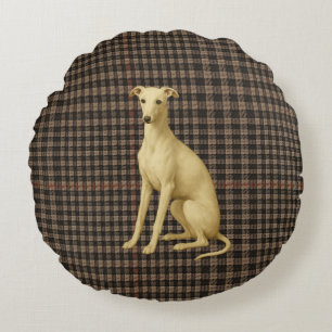 Whippet tartan / plaid / tweed round cushion