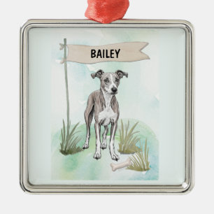 Whippet Watercolor Personalised Dog Metal Tree Decoration