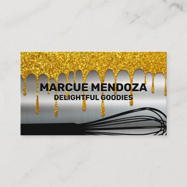 Whisk | Gold Glitter Drip | Metallic Business Card (Front)