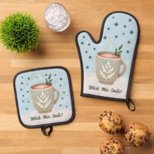 Whisk, Mix, Smile Cute Cocoa Cup Kids Christmas Oven Mitt & Pot Holder Set
